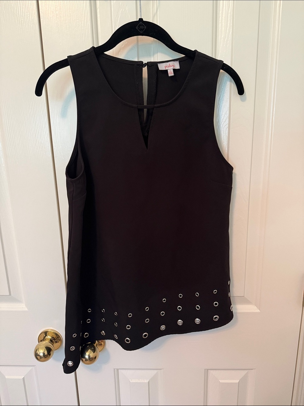 Pixley Black Sleeveless Eyelet-Trim V-Notch Shell Top